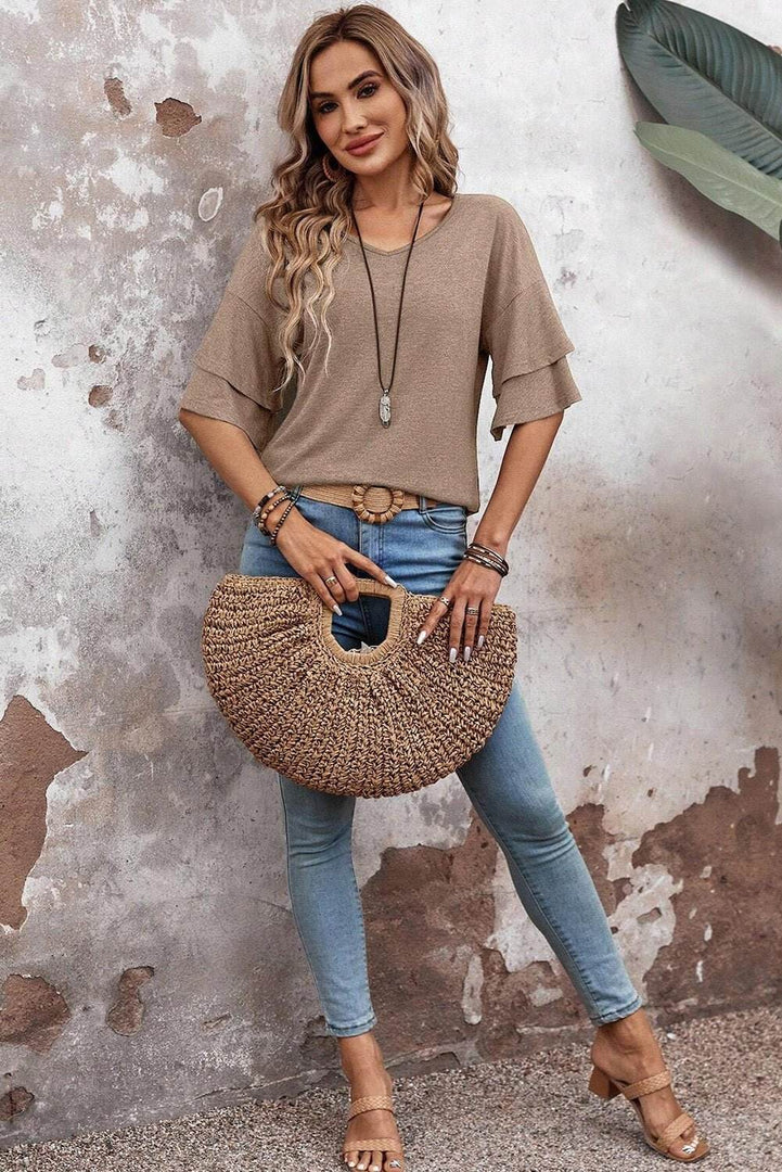 Sail Blue Solid Colour V-Neck Double Layer Sleeve Loose T-Shirt - Fashion Queen -  8