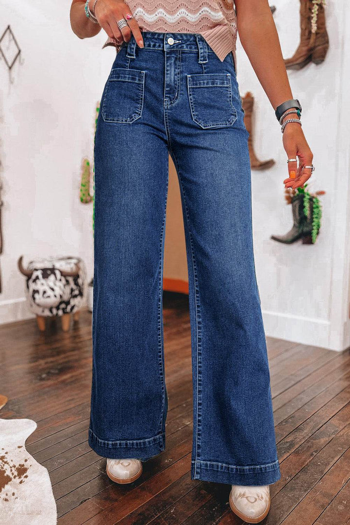 Sail Blue Wide Leg Pocketed High Waist Jeans - Fashion Queen -  1