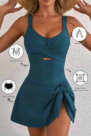 Sea Green Adjustable Straps Cutout Ruched Knot Slit One Piece Swim Dress - Fashion Queen -  1