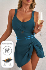 Load image into Gallery viewer, Sea Green Adjustable Straps Cutout Ruched Knot Slit One Piece Swim Dress - Fashion Queen -  2
