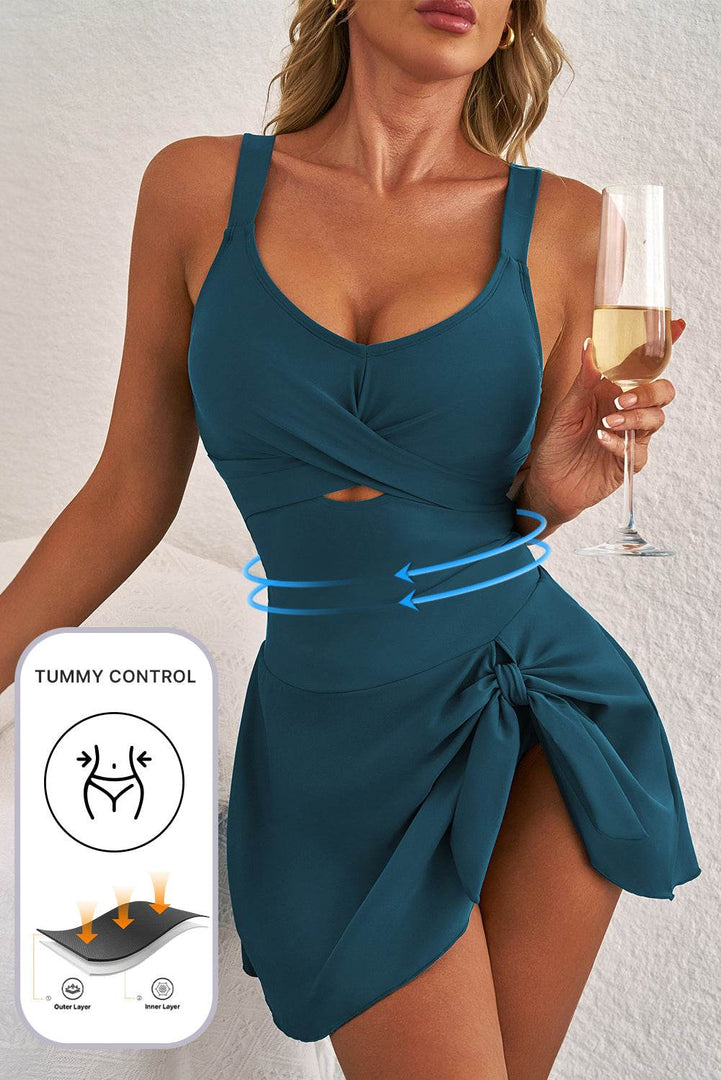 Sea Green Adjustable Straps Cutout Ruched Knot Slit One Piece Swim Dress - Fashion Queen -  2