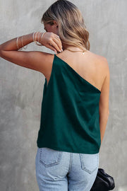 Sea Green Satin One Shoulder Loose Tank Top - Fashion Queen -  2