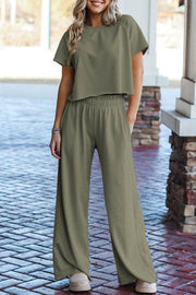 Seagrass Raw Hem Loose Tee and Wide Leg Pants Set - Fashion Queen -  1
