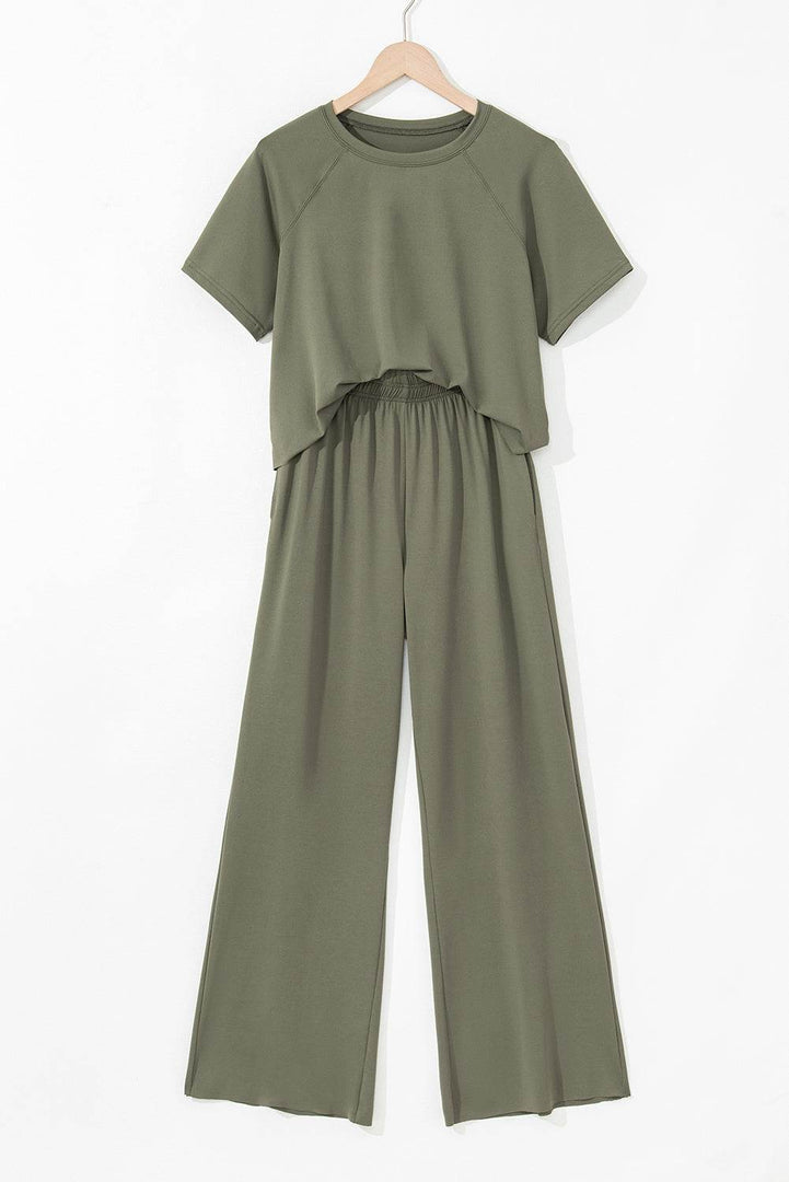 Seagrass Raw Hem Loose Tee and Wide Leg Pants Set - Fashion Queen -  9