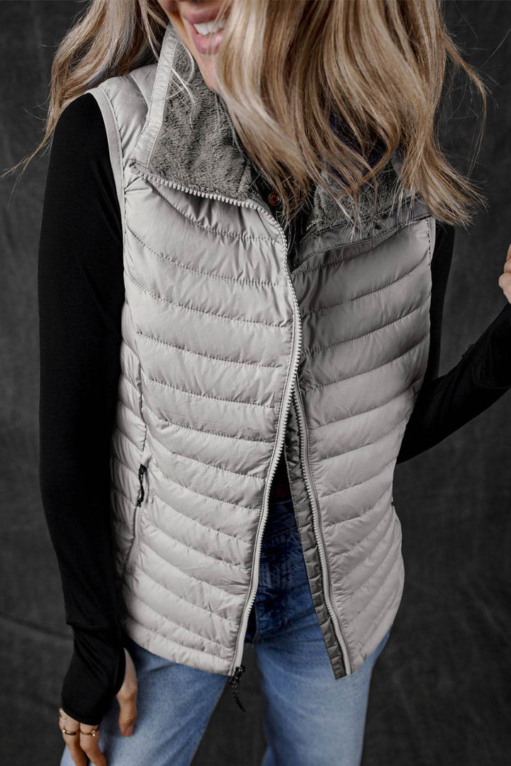 Silvery Plush Collared Quilted Zipped Puffer Vest - Fashion Queen -  1