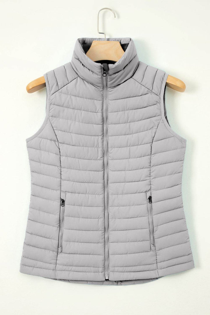 Silvery Plush Collared Quilted Zipped Puffer Vest - Fashion Queen -  15