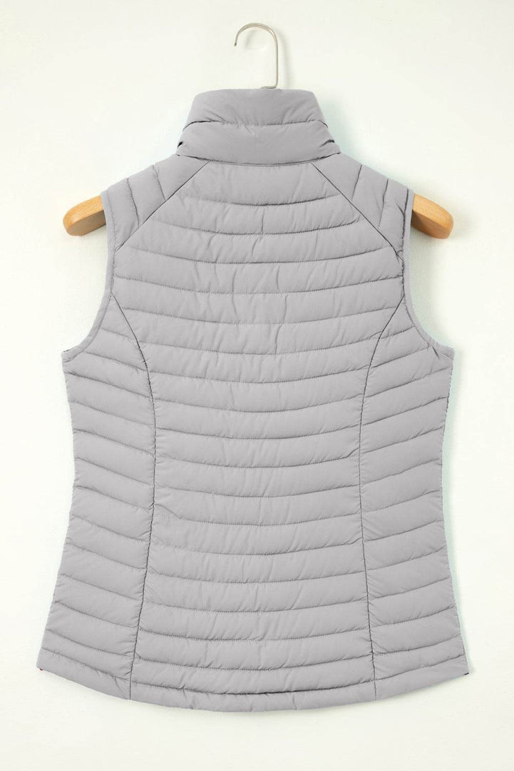 Silvery Plush Collared Quilted Zipped Puffer Vest - Fashion Queen -  16