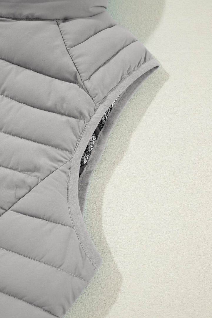 Silvery Plush Collared Quilted Zipped Puffer Vest - Fashion Queen -  19