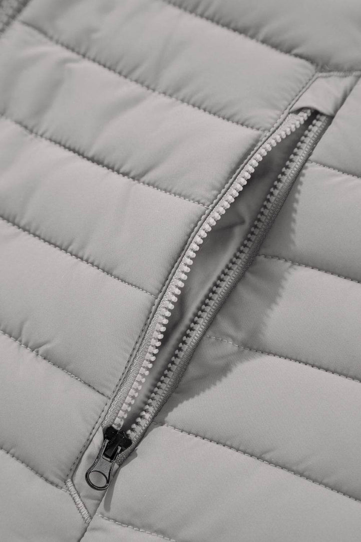 Silvery Plush Collared Quilted Zipped Puffer Vest - Fashion Queen -  20