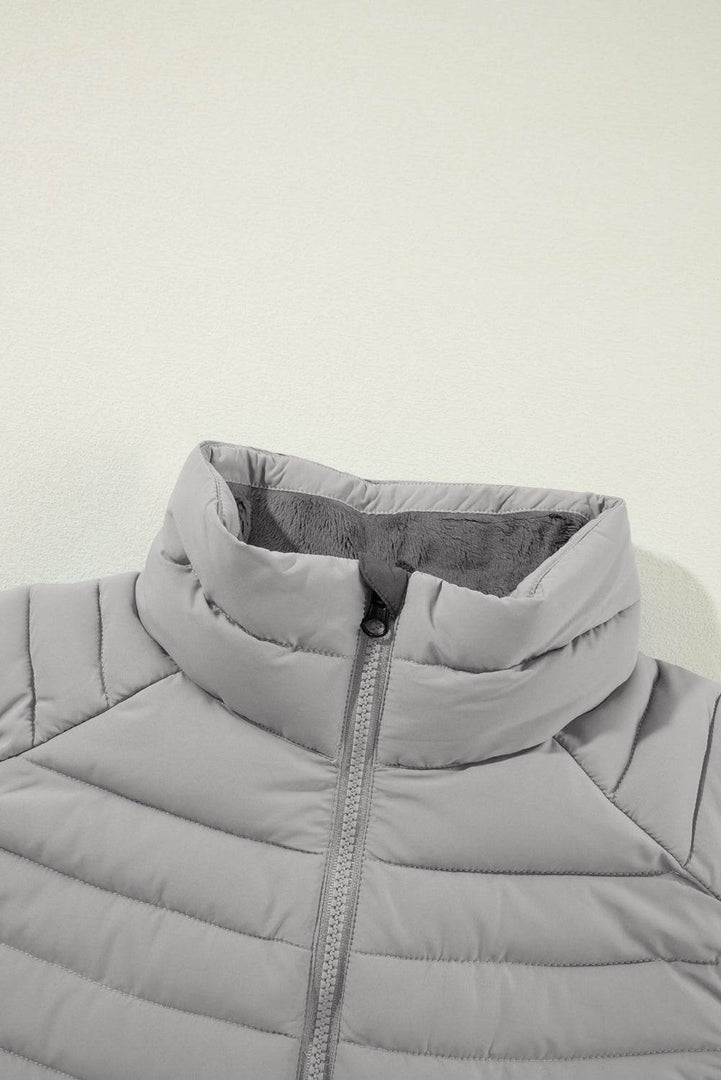 Silvery Plush Collared Quilted Zipped Puffer Vest - Fashion Queen -  22