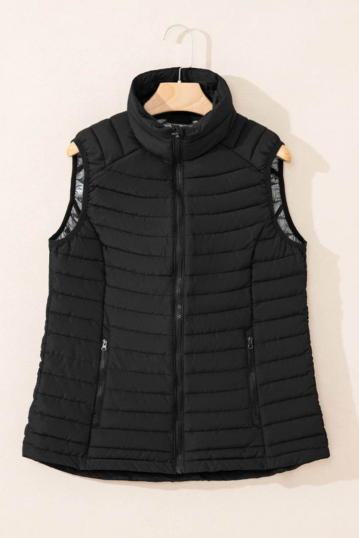 Silvery Plush Collared Quilted Zipped Puffer Vest - Fashion Queen -  28