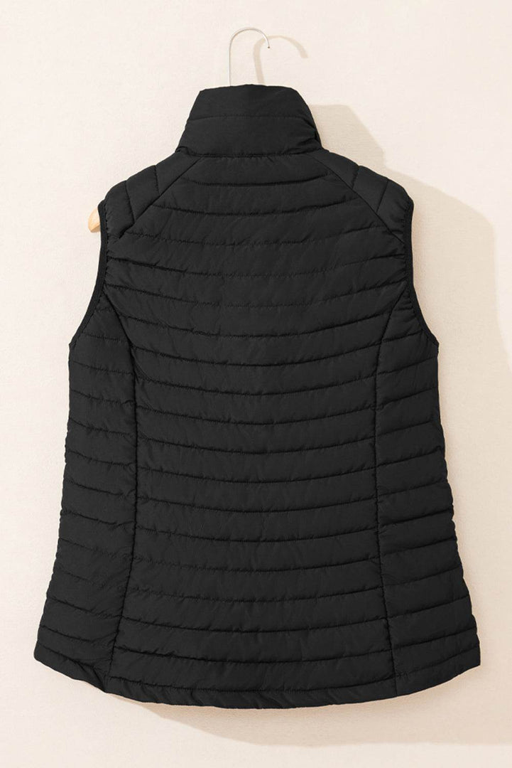 Silvery Plush Collared Quilted Zipped Puffer Vest - Fashion Queen -  29