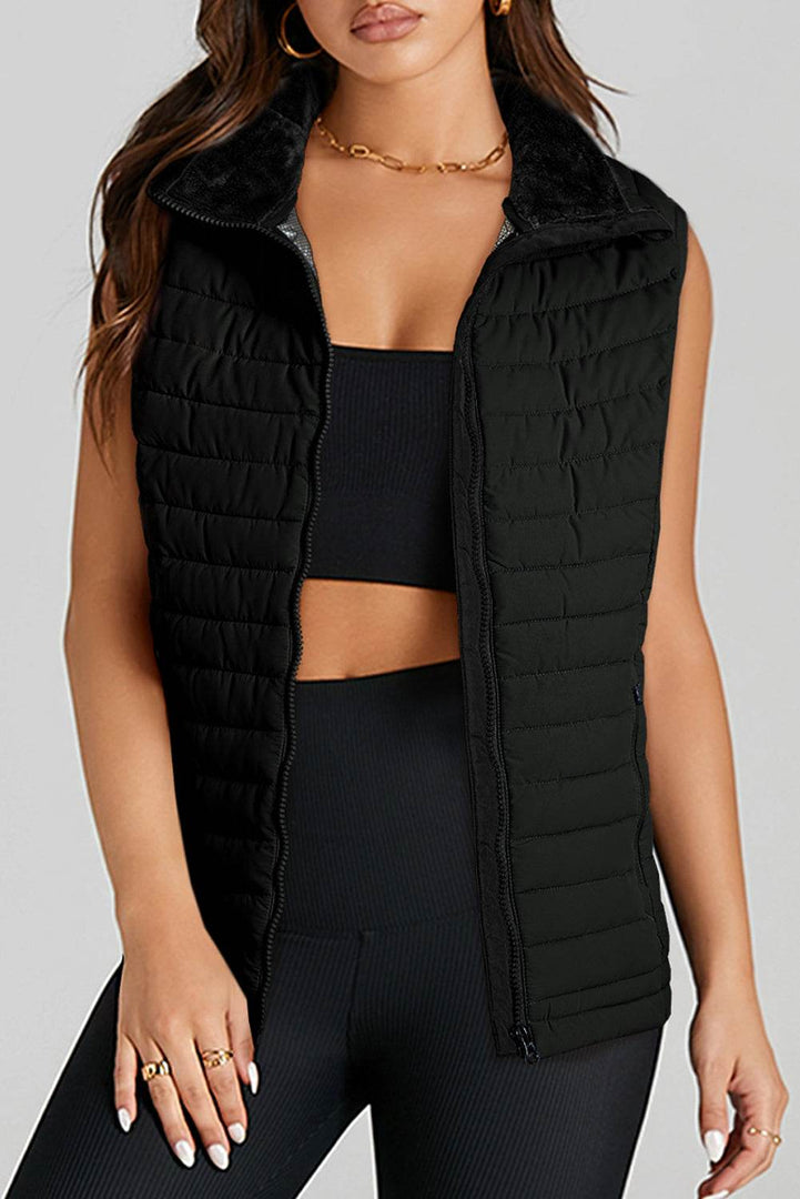 Silvery Plush Collared Quilted Zipped Puffer Vest - Fashion Queen -  4
