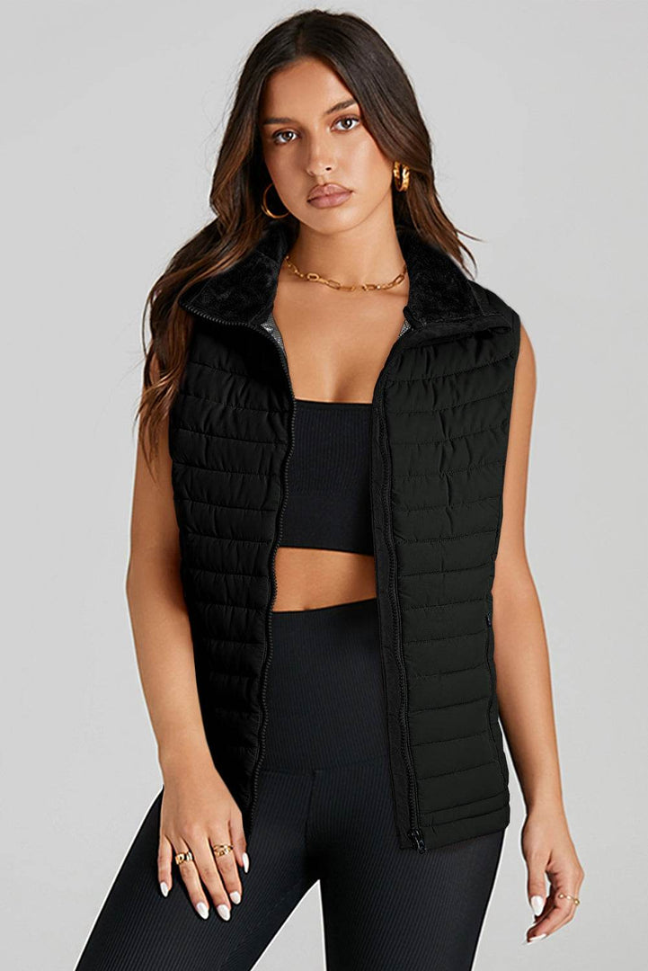 Silvery Plush Collared Quilted Zipped Puffer Vest - Fashion Queen -  6