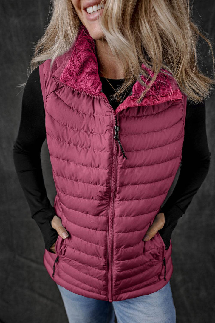 Silvery Plush Collared Quilted Zipped Puffer Vest - Fashion Queen -  9