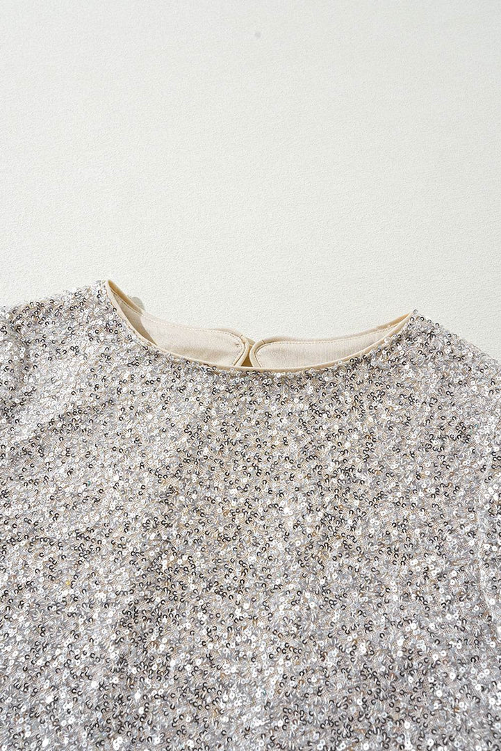 Silvery Sequin Puff Sleeve Cutout Back Blouse - Fashion Queen -  10