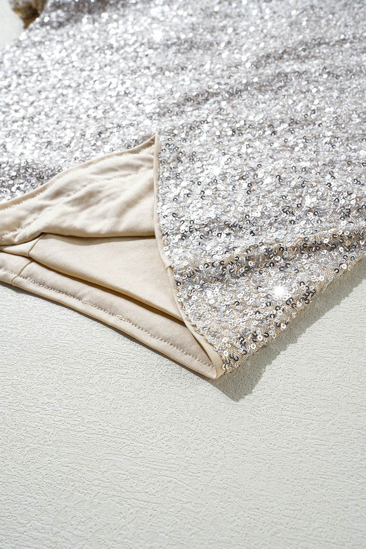 Silvery Sequin Puff Sleeve Cutout Back Blouse - Fashion Queen -  12