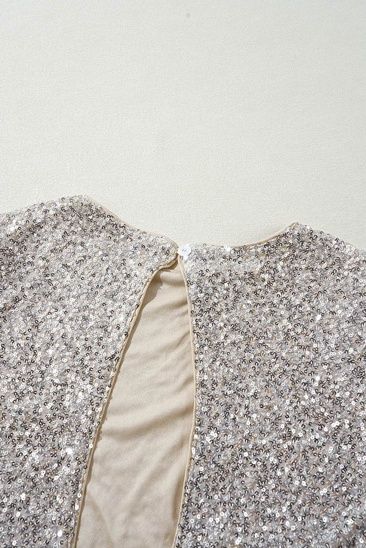Silvery Sequin Puff Sleeve Cutout Back Blouse - Fashion Queen -  13