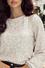 Load image into Gallery viewer, Silvery Sequin Puff Sleeve Cutout Back Blouse - Fashion Queen -  6
