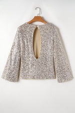 Load image into Gallery viewer, Silvery Sequin Puff Sleeve Cutout Back Blouse - Fashion Queen -  8
