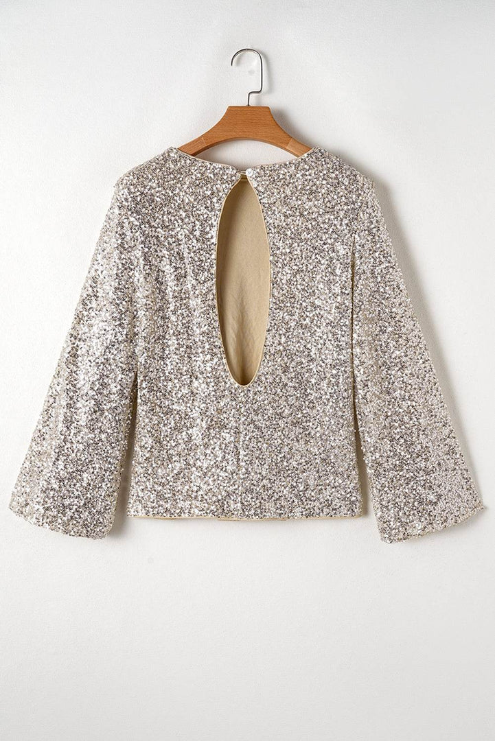 Silvery Sequin Puff Sleeve Cutout Back Blouse - Fashion Queen -  8