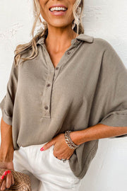 Simply Taupe Collared Half Buttons Folded Short Sleeve Oversize Top - Fashion Queen -  1