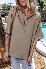 Load image into Gallery viewer, Simply Taupe Collared Half Buttons Folded Short Sleeve Oversize Top - Fashion Queen -  11
