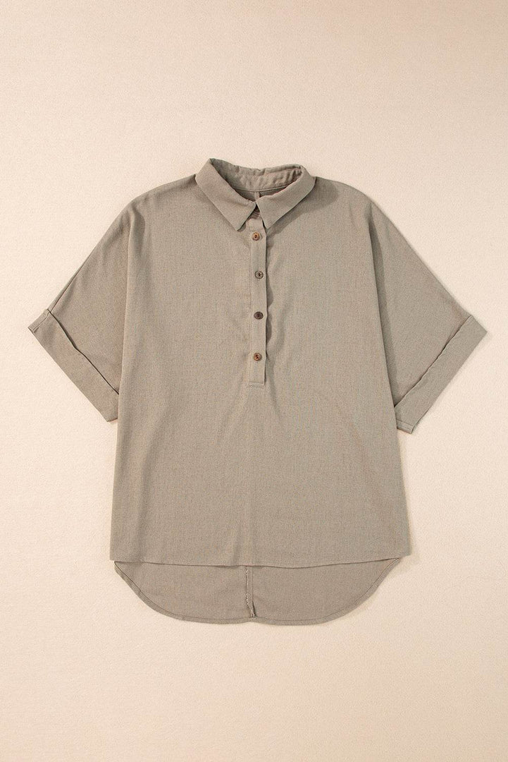 Simply Taupe Collared Half Buttons Folded Short Sleeve Oversize Top - Fashion Queen -  12