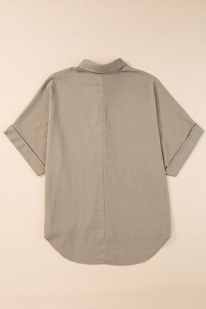 Simply Taupe Collared Half Buttons Folded Short Sleeve Oversize Top - Fashion Queen -  13