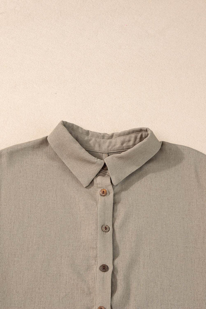 Simply Taupe Collared Half Buttons Folded Short Sleeve Oversize Top - Fashion Queen -  14