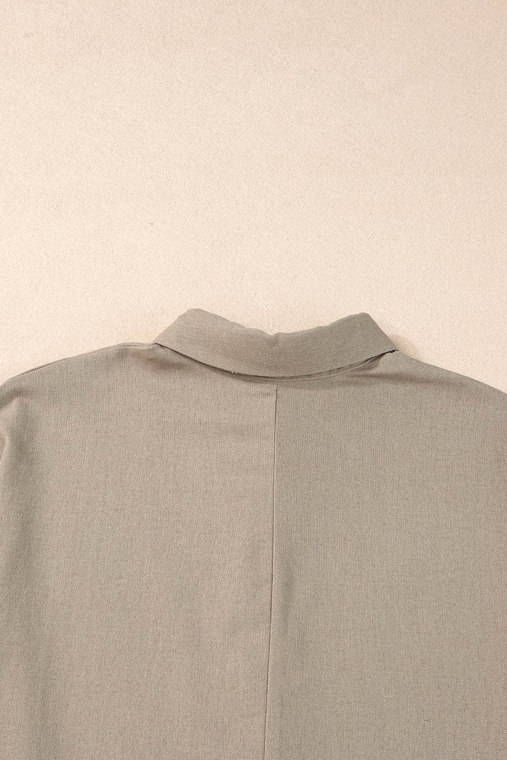 Simply Taupe Collared Half Buttons Folded Short Sleeve Oversize Top - Fashion Queen -  15