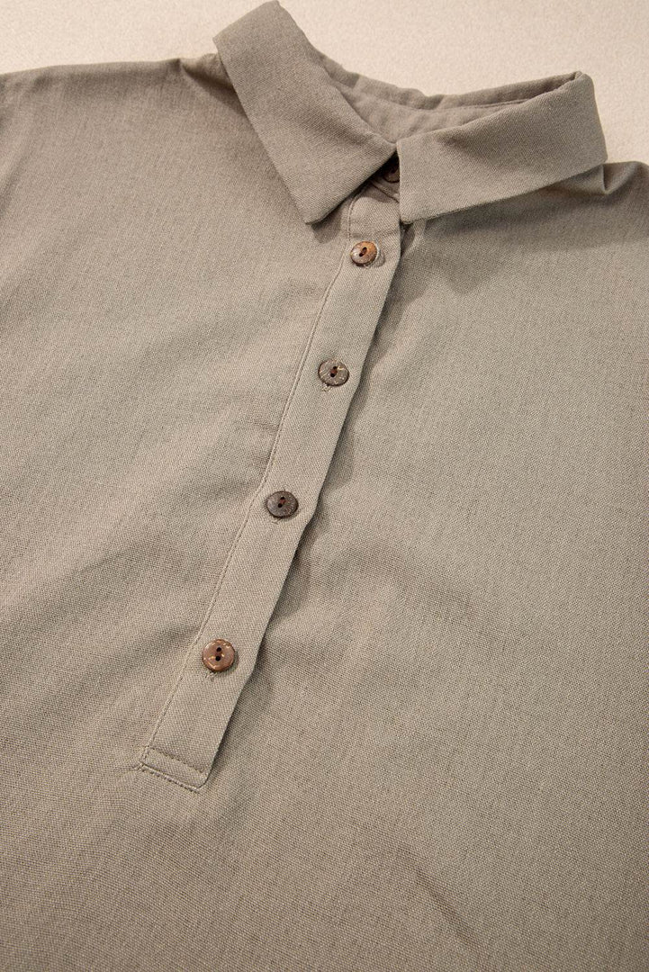 Simply Taupe Collared Half Buttons Folded Short Sleeve Oversize Top - Fashion Queen -  16
