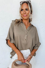 Load image into Gallery viewer, Simply Taupe Collared Half Buttons Folded Short Sleeve Oversize Top - Fashion Queen -  3
