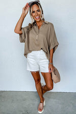 Load image into Gallery viewer, Simply Taupe Collared Half Buttons Folded Short Sleeve Oversize Top - Fashion Queen -  4
