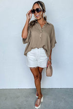 Load image into Gallery viewer, Simply Taupe Collared Half Buttons Folded Short Sleeve Oversize Top - Fashion Queen -  5
