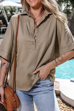 Load image into Gallery viewer, Simply Taupe Collared Half Buttons Folded Short Sleeve Oversize Top - Fashion Queen -  8
