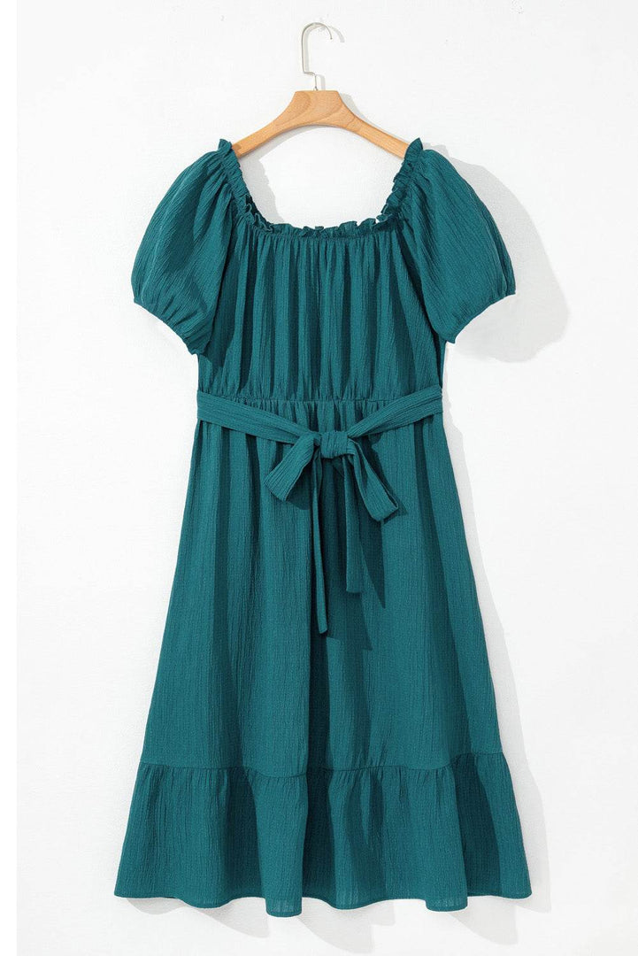 Skobeloff Frilled U Neck Puff Sleeve Belted Ruffle Hem Plus Size Midi Dress - Fashion Queen -  10