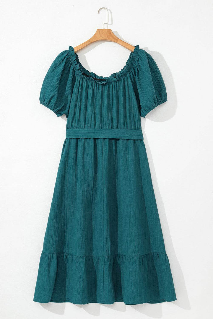 Skobeloff Frilled U Neck Puff Sleeve Belted Ruffle Hem Plus Size Midi Dress - Fashion Queen -  11