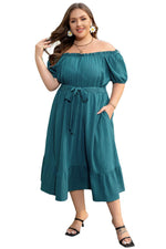 Load image into Gallery viewer, Skobeloff Frilled U Neck Puff Sleeve Belted Ruffle Hem Plus Size Midi Dress - Fashion Queen -  12

