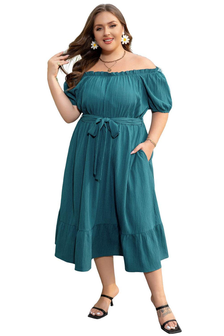 Skobeloff Frilled U Neck Puff Sleeve Belted Ruffle Hem Plus Size Midi Dress - Fashion Queen -  12