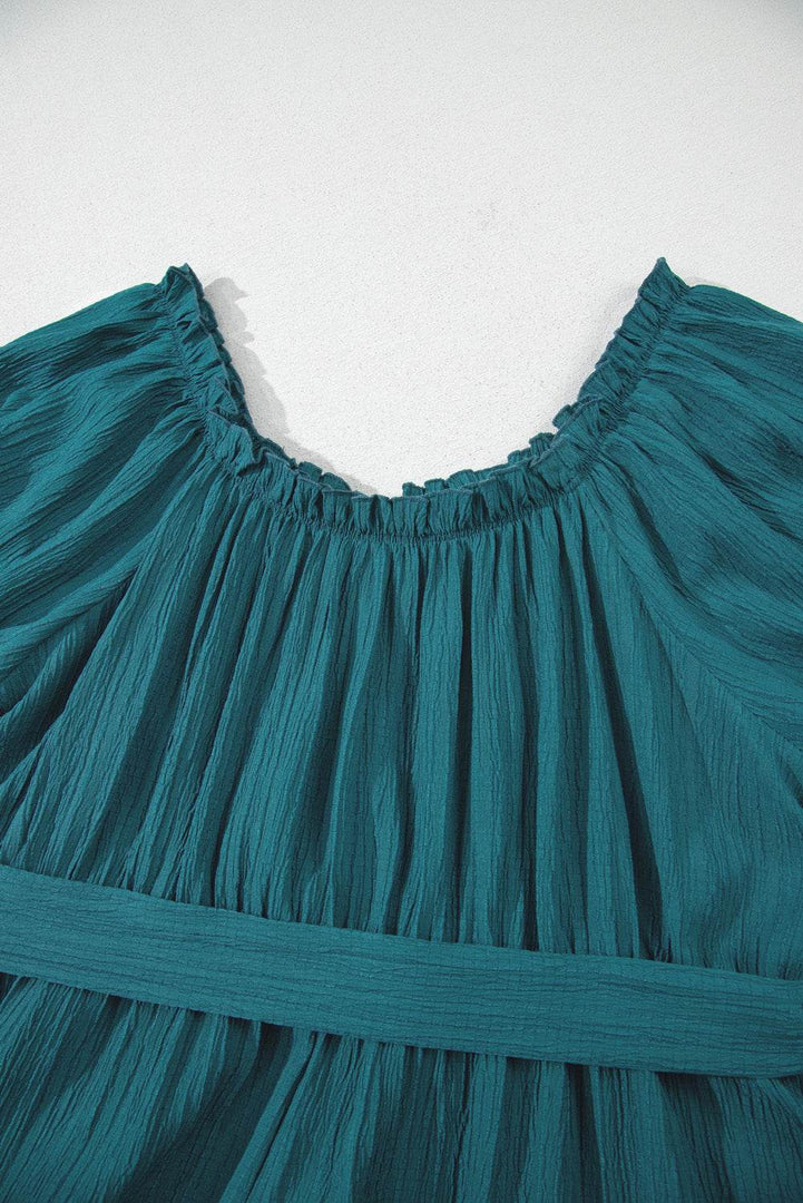 Skobeloff Frilled U Neck Puff Sleeve Belted Ruffle Hem Plus Size Midi Dress - Fashion Queen -  13