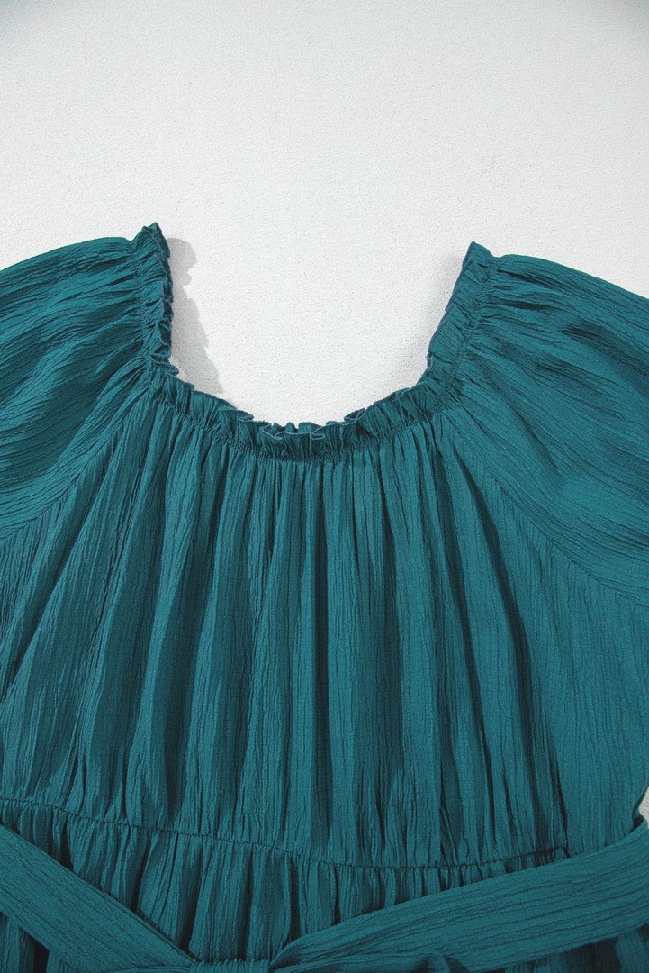 Skobeloff Frilled U Neck Puff Sleeve Belted Ruffle Hem Plus Size Midi Dress - Fashion Queen -  17