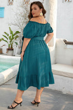 Load image into Gallery viewer, Skobeloff Frilled U Neck Puff Sleeve Belted Ruffle Hem Plus Size Midi Dress - Fashion Queen -  2
