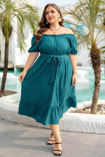 Load image into Gallery viewer, Skobeloff Frilled U Neck Puff Sleeve Belted Ruffle Hem Plus Size Midi Dress - Fashion Queen -  3
