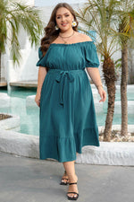 Load image into Gallery viewer, Skobeloff Frilled U Neck Puff Sleeve Belted Ruffle Hem Plus Size Midi Dress - Fashion Queen -  5
