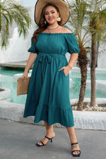 Load image into Gallery viewer, Skobeloff Frilled U Neck Puff Sleeve Belted Ruffle Hem Plus Size Midi Dress - Fashion Queen -  6
