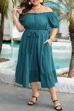 Load image into Gallery viewer, Skobeloff Frilled U Neck Puff Sleeve Belted Ruffle Hem Plus Size Midi Dress - Fashion Queen -  7
