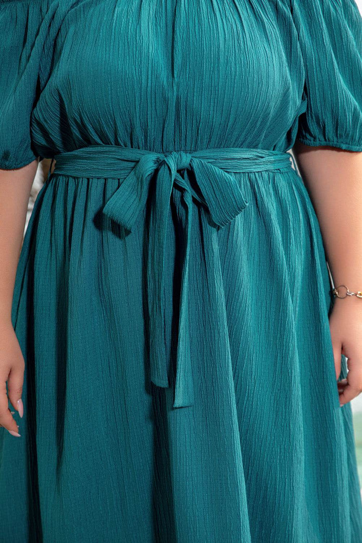 Skobeloff Frilled U Neck Puff Sleeve Belted Ruffle Hem Plus Size Midi Dress - Fashion Queen -  9