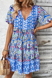 Sky Blue Bohemian Print Tie Neck Ruffle Hem Short Dress - Fashion Queen -  1
