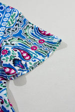 Load image into Gallery viewer, Sky Blue Bohemian Print Tie Neck Ruffle Hem Short Dress - Fashion Queen -  10
